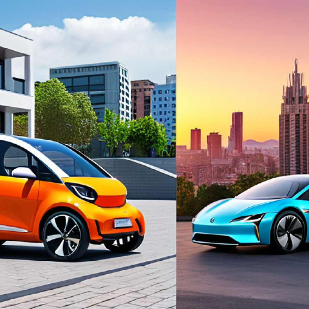 A split-screen image: On the left, a boxy, early model electric car resembling a golf cart. On the right, a sleek, modern electric sports car with aerodynamic curves and vibrant, eye-catching colors. The background should reflect corresponding eras (e.g., a simple garage vs. a futuristic cityscape).