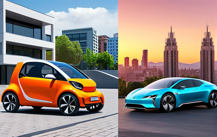 A split-screen image: On the left, a boxy, early model electric car resembling a golf cart. On the right, a sleek, modern electric sports car with aerodynamic curves and vibrant, eye-catching colors. The background should reflect corresponding eras (e.g., a simple garage vs. a futuristic cityscape).